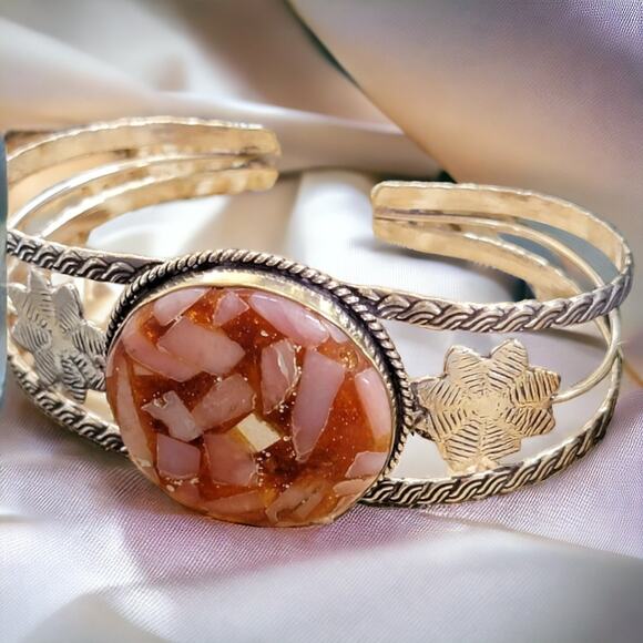 Blushing Harmony Sterling Silver Pink Quartz Cuff Bracelet, - Picture 2 of 8